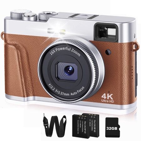 4K Digital Camera with 32G SD Card Autofocus, 48MP  Vlogging Camera   Anti-Shake, Compact Travel Camera 16X Zoom (2 Batteries)