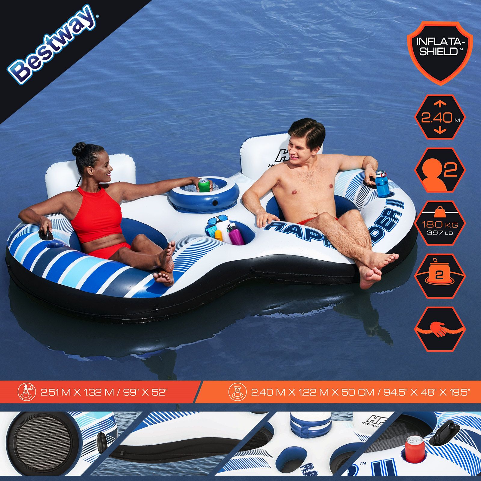 Bestway Floating Island Pool Float Tubes 2 Man River Tube Water Raft Inflatable Watersport Rapid Rider Double Innertube Lake Lounger with Cooler