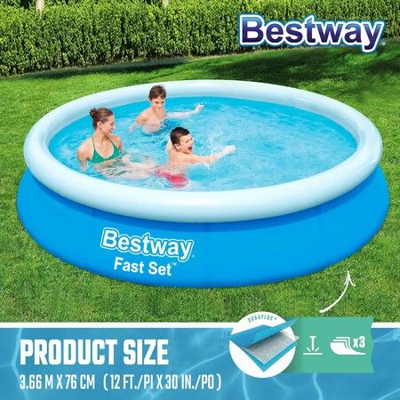 Bestway Fast Set Up Round Pool 3.66mx76cm Above Ground Swimming Inflatable 12ft x 30in Blue Outdoor Kids Adults Backyard Family Water Play Station Party