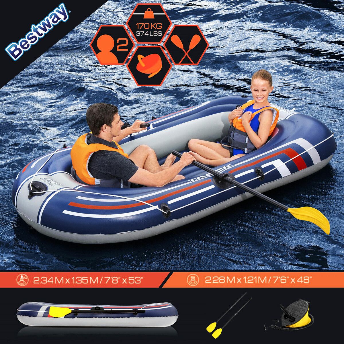 Bestway Inflatable Boat Set 2.28m X 1.21m Floating Raft Blow Up Canoe  Watercraft Vessel