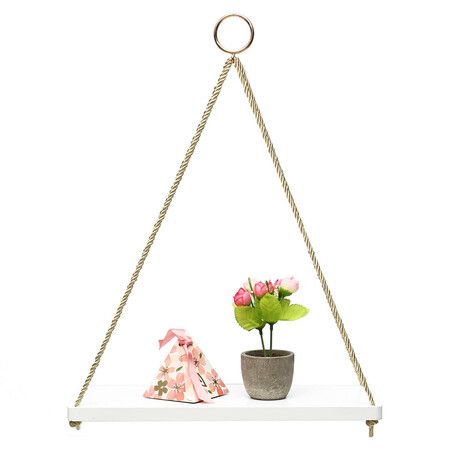 35cm Single Layer Wooden Rope Hanging Wall Shelf Vintage Floating Storage Rack Wall Mount Bookshelf Home Decorations Stand White