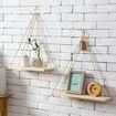 35cm Single Layer Wooden Rope Hanging Wall Shelf Vintage Floating Storage Rack Wall Mount Bookshelf Home Decorations Stand White