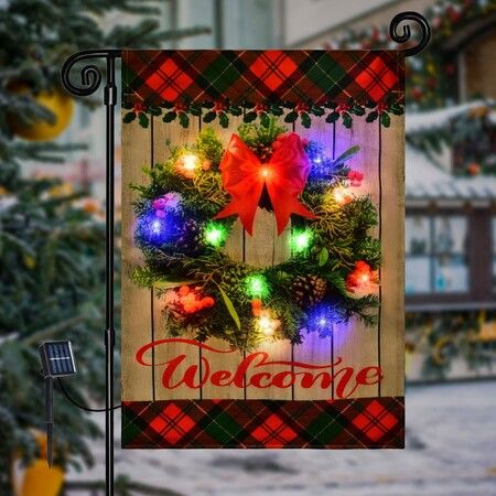 Christmas Welcome Wreath Garden Flag with Lights Solar LED Welcome Sign Garden Flags Banner 12x18 Double Sided for Outdoors Patio Lawn Yard Decoration
