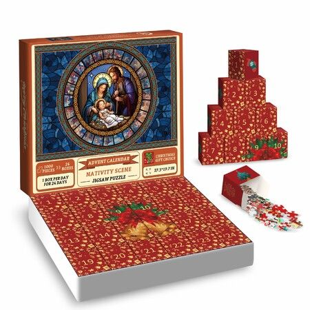 Jigsaw Puzzle Advent Calendar Nativity puzzles for adults 1000 pieces,Christmas Countdown jigsaw Puzzles,Stained Glass Religous Puzzle Jesus Christian Puzzles for Home Decor