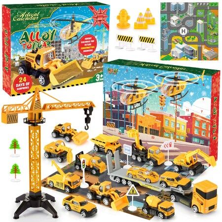 Christmas Advent Calendar for Kids Boys,Toys for Age3+ Year Old Boys Girls 24 Days Countdown Calendar with Alloy Construction Engineering Vehicle Toy Sets Xmas Gifts Stocking Stuffer for Boys Ages 3+