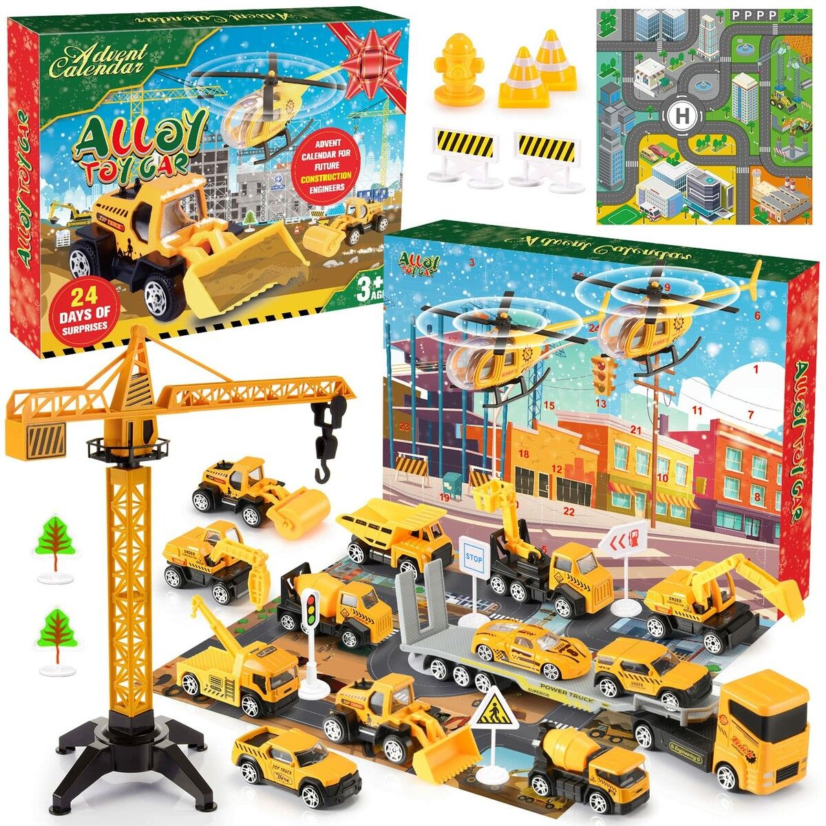 Christmas Advent Calendar for Kids Boys,Toys for Age3+ Year Old Boys Girls 24 Days Countdown Calendar with Alloy Construction Engineering Vehicle Toy Sets Xmas Gifts Stocking Stuffer for Boys Ages 3+