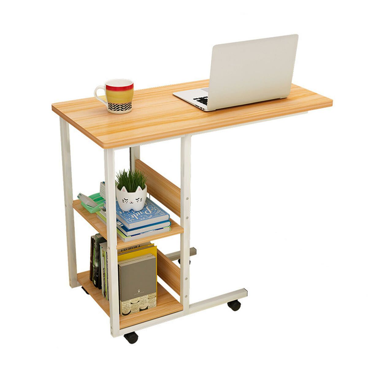 Multifunctional Movable Bedside Laptop Desk Computer Table Study Table Computer Stand with 2 Tiers Storage Shelves BookshelfWalnut