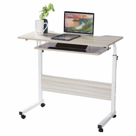 Mobile Rolling Computer Laptop Desk Bedside Workstation Height Adjustable Table ShelfWhite