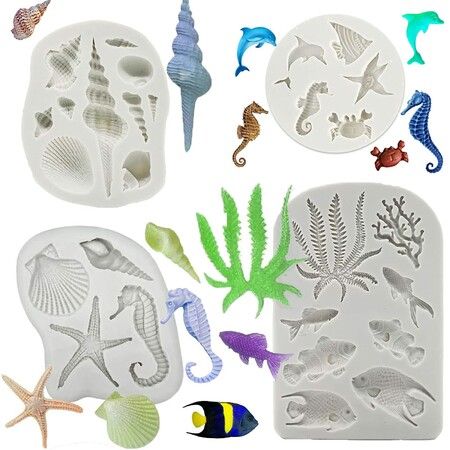 4PCS Marine Theme Fondant Silicone Mold Seaweed Sea Fish Crab Coral Conch Sea Shells Shape DIY Handmade