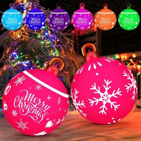 2x 60cm PVC Christmas Lighted Decorated Ball Giant  Inflatable Christmas Ball Large Xmas Blow Ball Decorations for Outside Holiday Yard Lawn Porch Decor