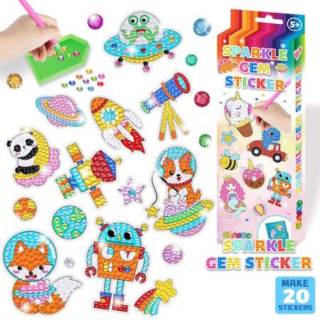 DIY Sparkle Gem  Children's Kids 6 Stickers Cartoon Diamond Painting,Fun Arts and Crafts Kits Magical Cute Art 19x19cm Sparce