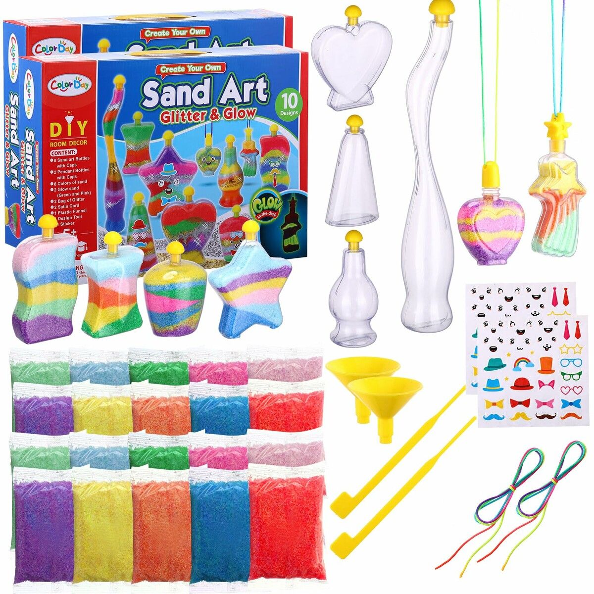 10 Bottles Sand Art Kits for Kids, Sand Art Activity Kit  Colored Pendent Bottles Funnels Stick Glow in The Dark Sand Art Glitter Packets Stickers for DIY