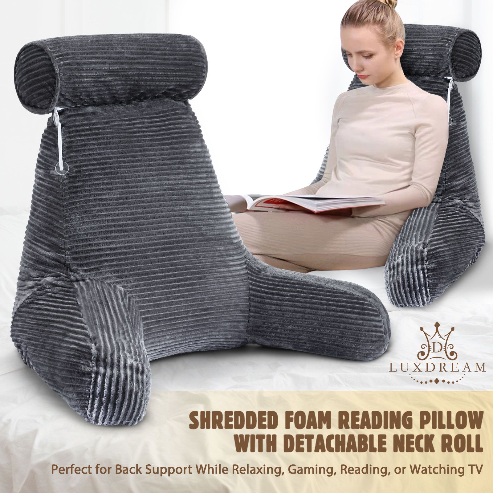 Mittagong Shredded Foam Reading Pillow with Detachable Neck Roll Pillow Support