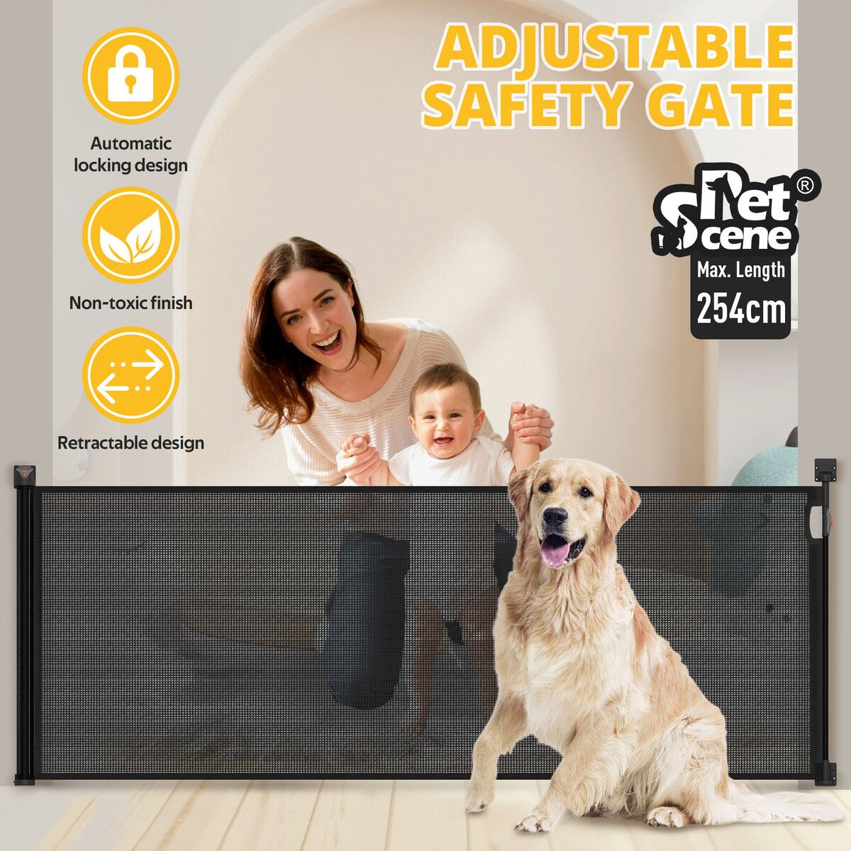 Retractable Baby Gate Pet Safety Dog Cat Fence Enclosure Safe Guard for Stairs Puppy Security Barrier Mesh Indoor Outdoor Fencing 254cm Black