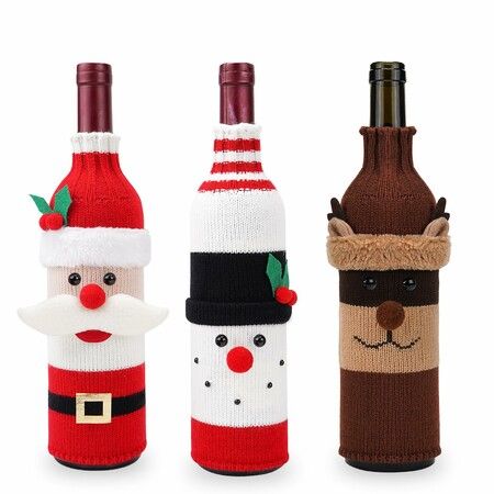 Christmas Decorative Wine Bottle Sleeve Knitted Champagne Bottle Sleeve For Restaurant Holiday Scene Setting 10.24 X 4.33 Inches - 3 pieces