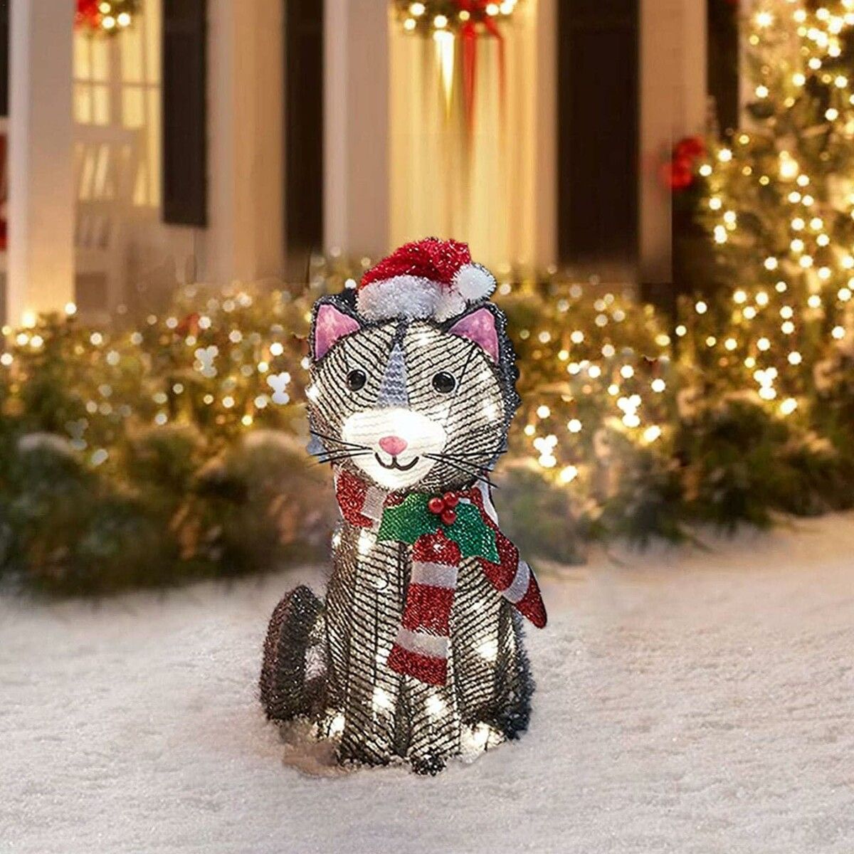 Light-Up Christmas Garden Decor, Acrylic Cat Garden Stake with Lights Yard Decor Garden Statue, Realistic Garden Sculpture for Pathway Backyard Lawn Landscape