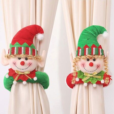 2pcs Christmas Elf Curtain Tiebacks Elf Girl Curtain Holdbacks Plush Curtain Buckle Straps Hook & Loop Cartoon Home Decors
