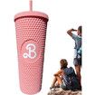 Bubble Tea Tumbler Cold Cups with Lid and Straw,24Oz Leakproof Travel Mug,Studded Pink Ice Coffee Cups,for Cold and Hot Drink