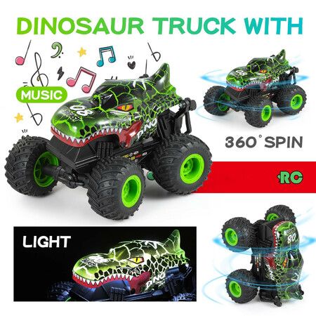2.4Ghz RC Monster Trucks Dinosaur Remote Control Stunt Car with Light & Music 360°Spin Walk Upright& Drift for Boys Ages 8+(Green)