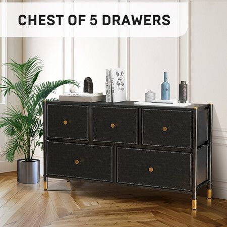 Chest of 5 Drawers Cabinet Dresser TV Unit Wardrobe Storage Entertainment Table Stand Organizer Bedroom Lowboy Closet Organiser Furniture Black