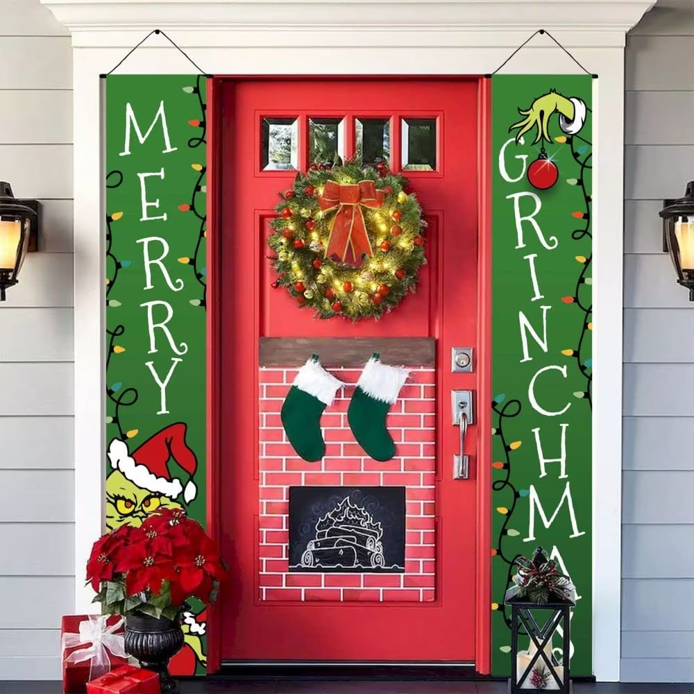 Grinch Christmas Decorations Grinch Porch Sign Door Banner Merry Grinchmas Theme Photography Yard Sign Banner Supplies For Home Office Fireplace