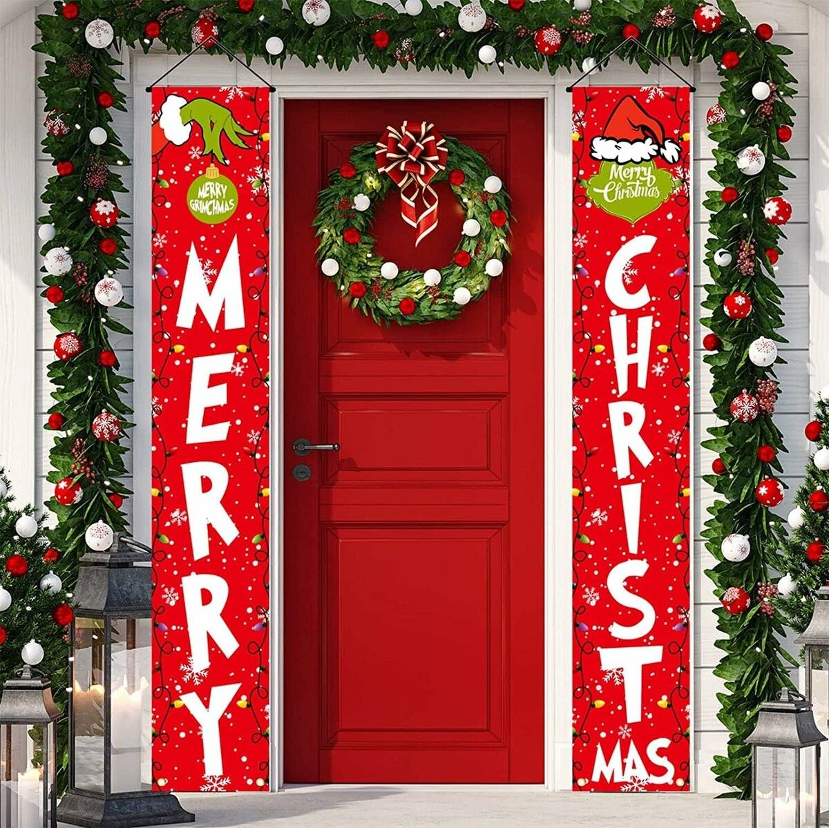 thumbnail image 2 of Grinch Christmas Decorations – Large Hanging Porch Sign Door Banner, Merry Grinchmas, Fabric, Multicolor, Animated Holiday Theme 2 of 4