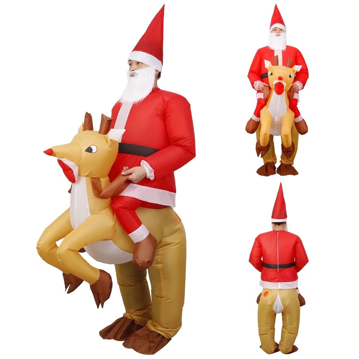 Inflatable Christmas Santa Claus Elk Costume, Blow Up Christmas Santa Claus Reindeer Rider Cosplay Suit for Youth, Adult(Suitable for Height 150-190 CM)