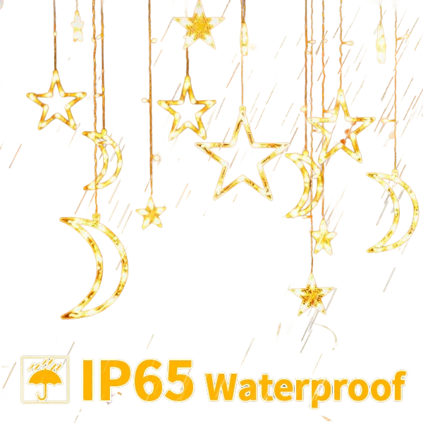 3.5m Solar Lights Outdoor Moons Stars PVC String Lights Solar Curtain Lights USB Rechargeable Remote  Fairy Lights for Patio Gazebo  Porch Warm Color