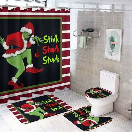 4Pcs Grinch Merry Christmas Shower Curtain Set with Non-Slip Rugs, Toilet Lid Cover and Bath Mat, Xmas Winter Holiday Bathroom Decor with Hooks 180 x 180 cm
