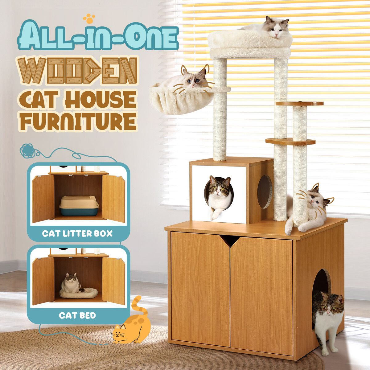 2 In 1 Cat Tree Litter Box Enclosure Scratching Post Tower Kitty Play House Pet Furniture Bed Condo Hammock Entrance Cabin Toilet Washroom