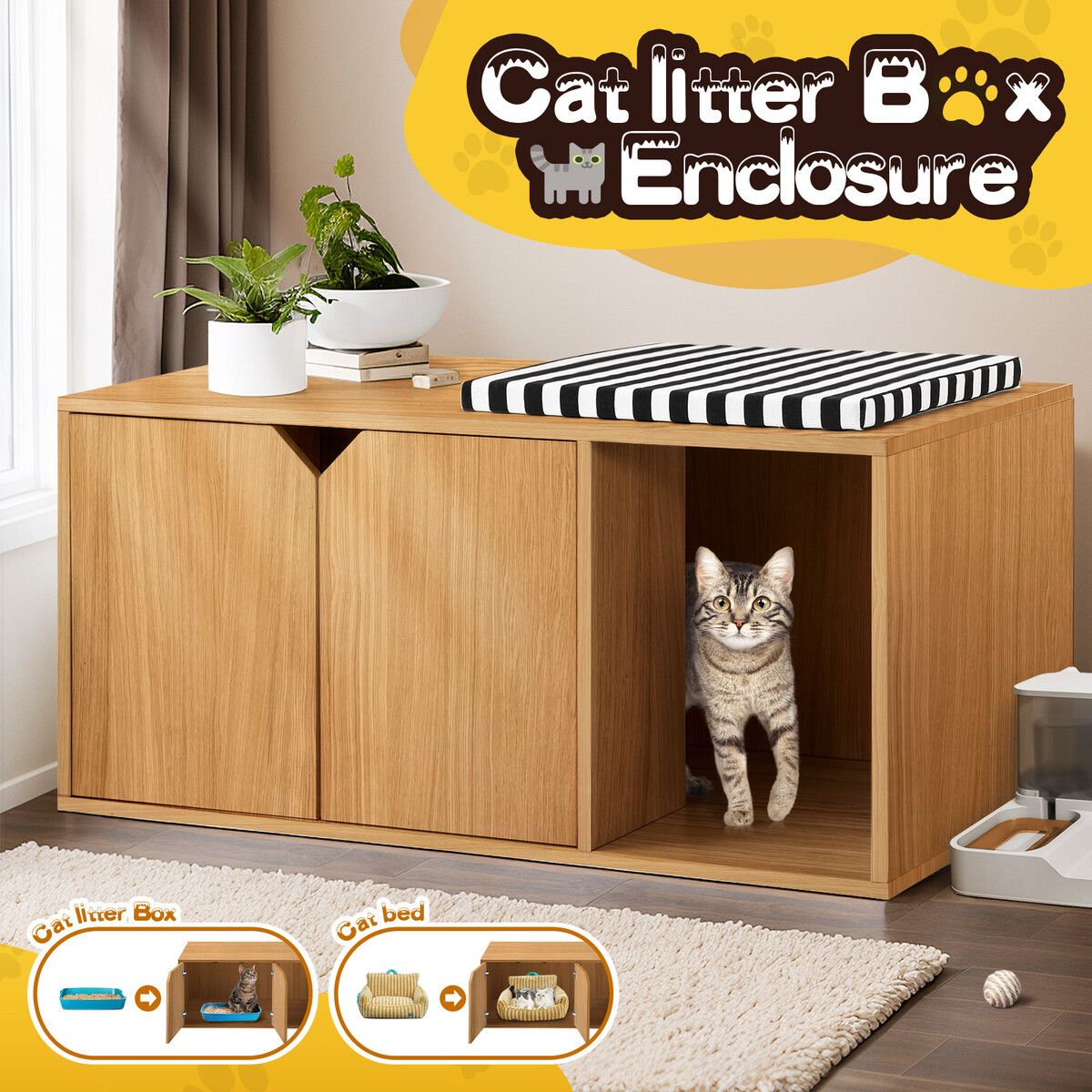 Cat Litter Box Enclosure House Cabin Pet Furniture Entrance Hidden Storage Bench Side Table Cabinet Indoor Toilet Kitty Washroom Cushion