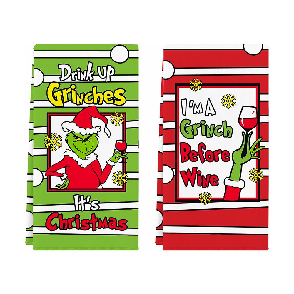 Christmas Grinch Kitchen Towels, 2 Pack Holiday Collection Dish Towels, Absorbent Bathroom Hand Towels