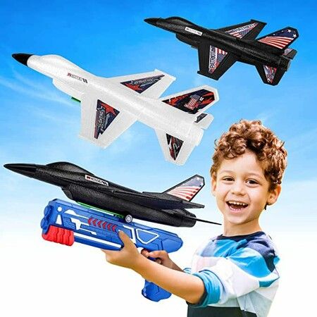2 Pack Airplane Toys with Launcher(Random Color), Glider Catapult Plane Toy, Outdoor Flying Toys for 4+ Year Old Boys Girls