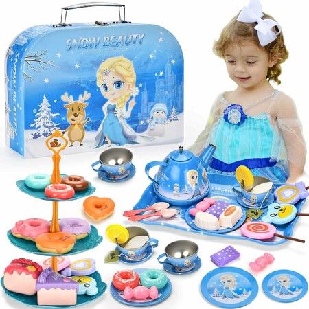 48 Tea Party Set for Little Girls Frozen Toys Elsa Princess Kids Kitchen Pretend Toy with Tin Tea Set, Desserts & Carrying Case - Birthday Gift for Age 3+
