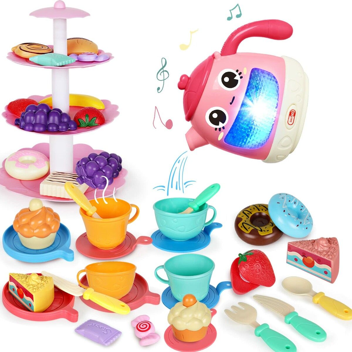 48 PCS Tea Set Girls, Toddler Tea Set Teapot with Music Light, Dessert, Kids Play Food, Tea Party Toys Birthday Gift for Toddlers Girls Boys Age 3-6