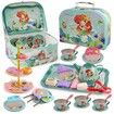 48 Pcs Mermaid Kids Tea Party Set with Carrying Case Sweet Treats Playset Pretend Toy Tin Tea Set for Little Girls Princess Tea Time Dessert