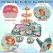 48 Pcs Mermaid Kids Tea Party Set with Carrying Case Sweet Treats Playset Pretend Toy Tin Tea Set for Little Girls Princess Tea Time Dessert