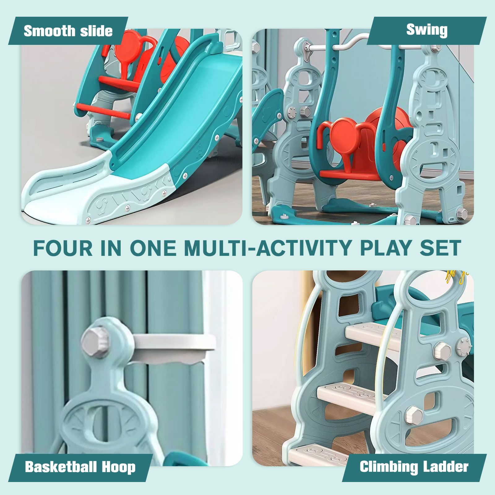 4 In 1 Slide Swing Set Freestanding Basketball Outdoor Playset Playground Climber Children Toddlers Toys Kids Indoor