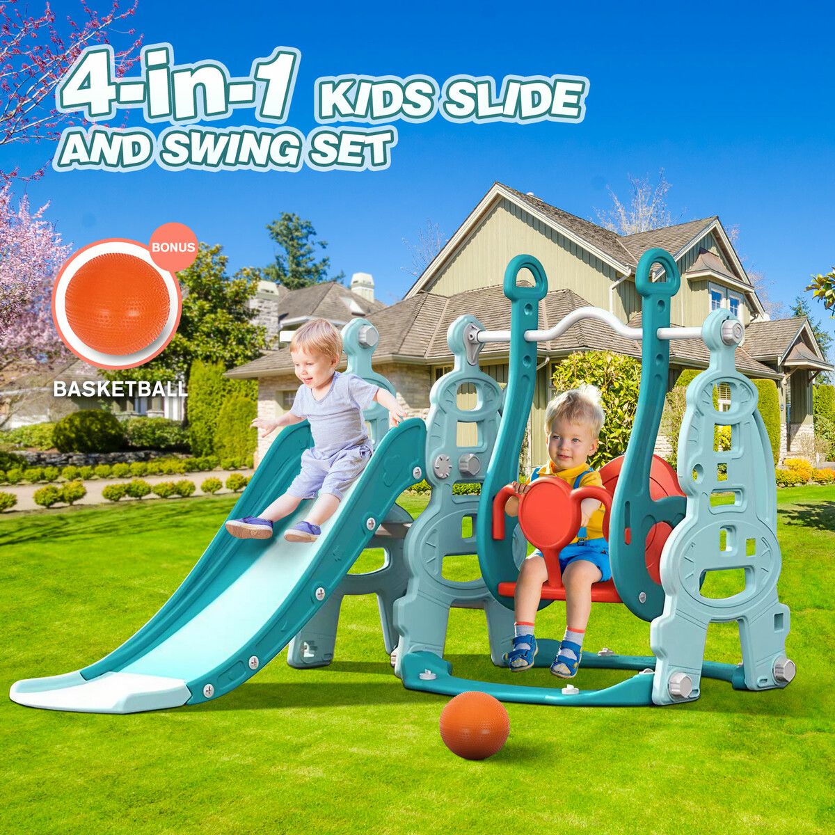 4 In 1 Slide Swing Set Freestanding Basketball Outdoor Playset Playground Climber Children Toddlers Toys Kids Indoor