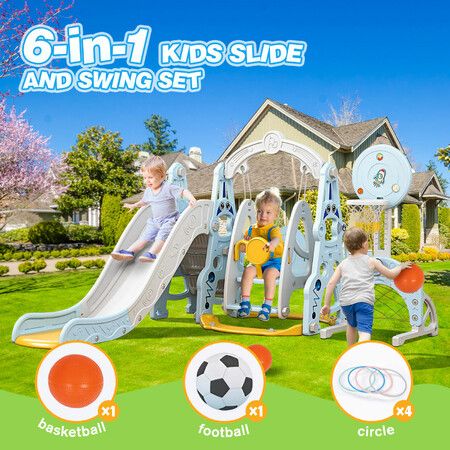 6 In 1 Slide Swing Set Freestanding Stairs Football Basketball Hoop Outdoor Playset Playground Set Climber Children Toddlers Toys