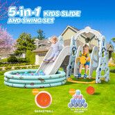 5 In 1 Slide Swing Set Freestanding Stairs Basketball Hoop Outdoor Playset Ball Pool Climber Children Toddlers Toys Indoor