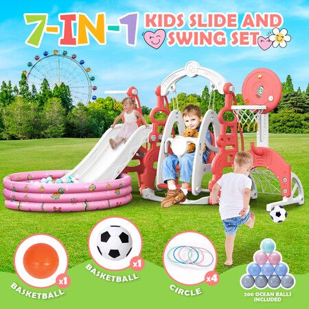 7 In 1 Slide Swing Set Freestanding Stairs Basketball Hoop Outdoor Playset Ball Pool Climber Children Toddlers Toys Indoor