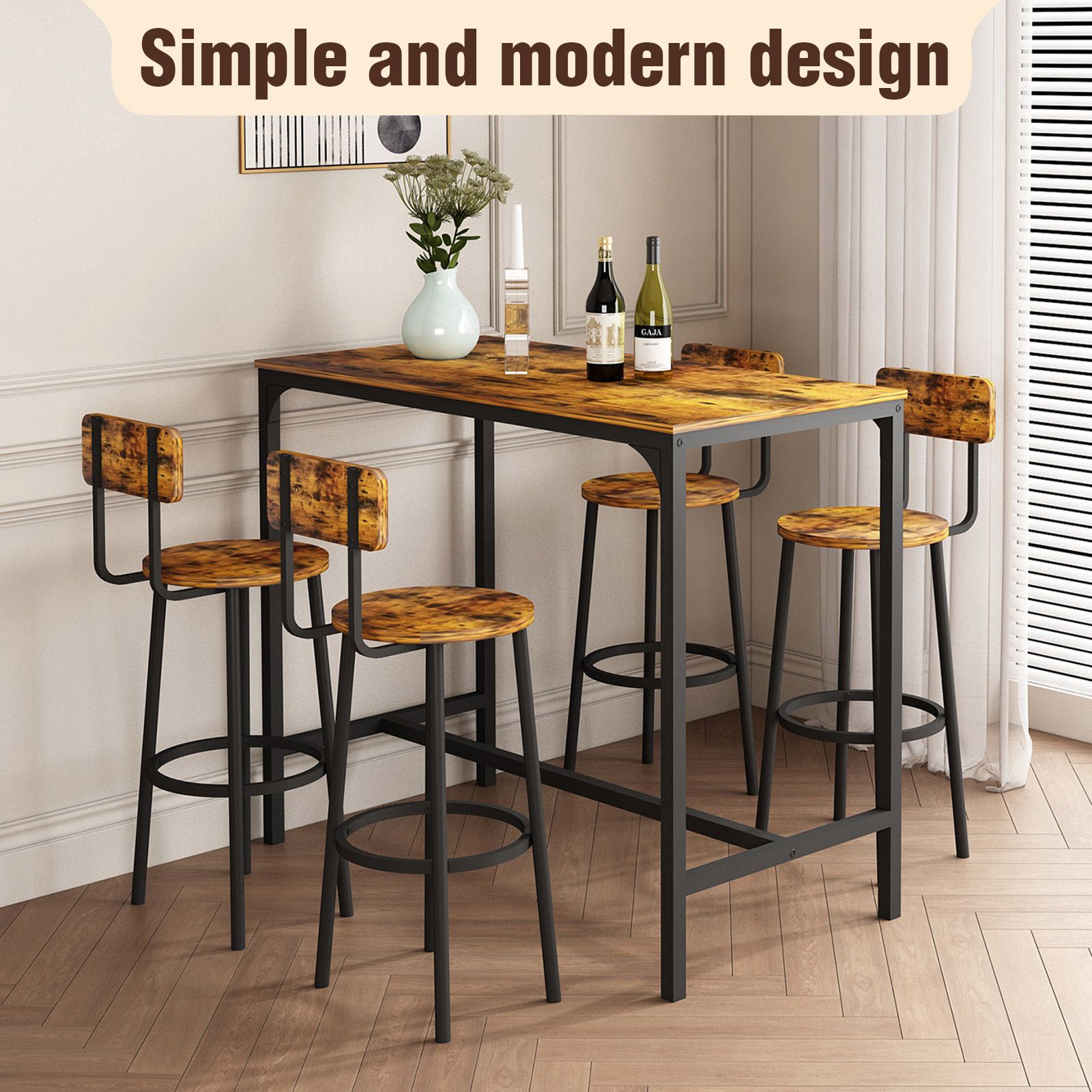 5PCS Bar Table Set 4 Stools Chairs Kitchen Dining Breakfast Home Bistro Cafe Coffee Pub Counter Tall High Top Furniture Industrial Rustic Wooden Metal