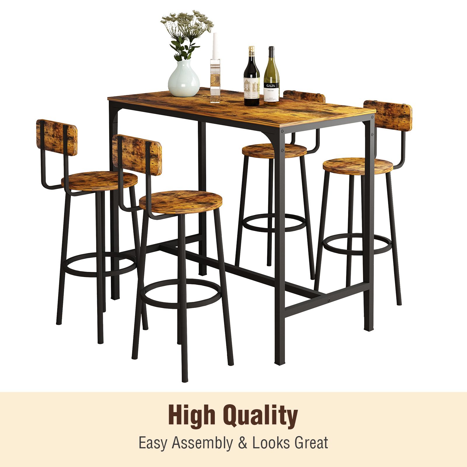 5PCS Bar Table Set 4 Stools Chairs Kitchen Dining Breakfast Home Bistro Cafe Coffee Pub Counter Tall High Top Furniture Industrial Rustic Wooden Metal