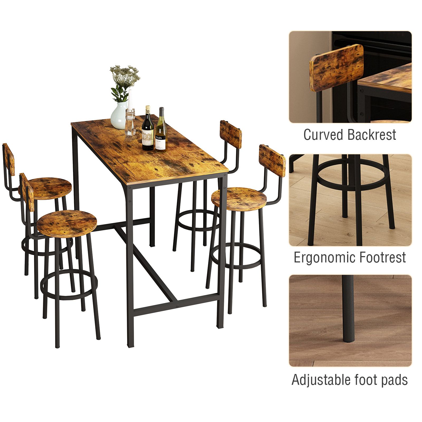 5PCS Bar Table Set 4 Stools Chairs Kitchen Dining Breakfast Home Bistro Cafe Coffee Pub Counter Tall High Top Furniture Industrial Rustic Wooden Metal