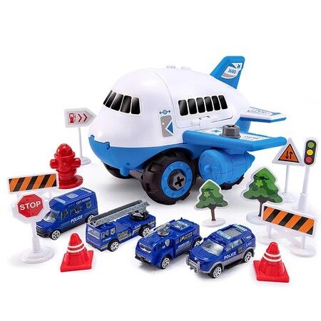 Children Aircraft Toy Track Inertia Toy Car Plane Model With Large Storage Space with 4 Cars (Blue)