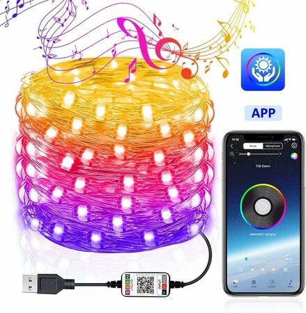 5 Meters 50 LEDS String Lights with Mobile Phone App, USB Copper Wire, Bluetooth Remote Control, Colorful LED Lights, for Christmas, Halloween