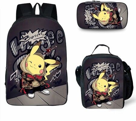 3pcs-s5 Pokemon Cartoon Backpack Set Travel Backpack 40cm Multi-Function Daypack Large Capacity Shoulder Bag for Daily Life Christmas Birthday Gifts