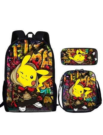 3pcs-s2 Pokemon Cartoon Backpack Set Travel Backpack 40cm Multi-Function Daypack Large Capacity Shoulder Bag for Daily Life Christmas Birthday Gifts