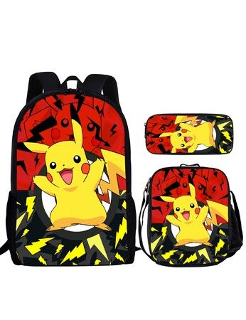 3pcs-s1 Pokemon Cartoon Backpack Set Travel Backpack 40cm Multi-Function Daypack Large Capacity Shoulder Bag for Daily Life Christmas Birthday Gifts